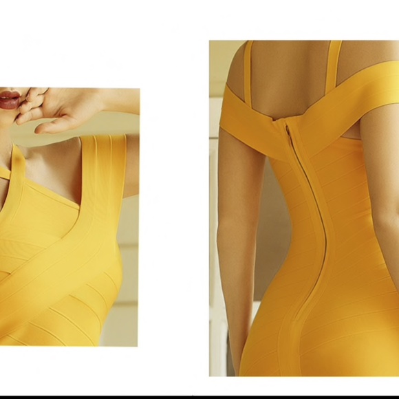 BEVERLY HILLS BOUTIQUE NEW! ELEGANT YELLOW BANDAGE DRESS CROSS NECK OFF SHOULDER - Picture 6 of 10